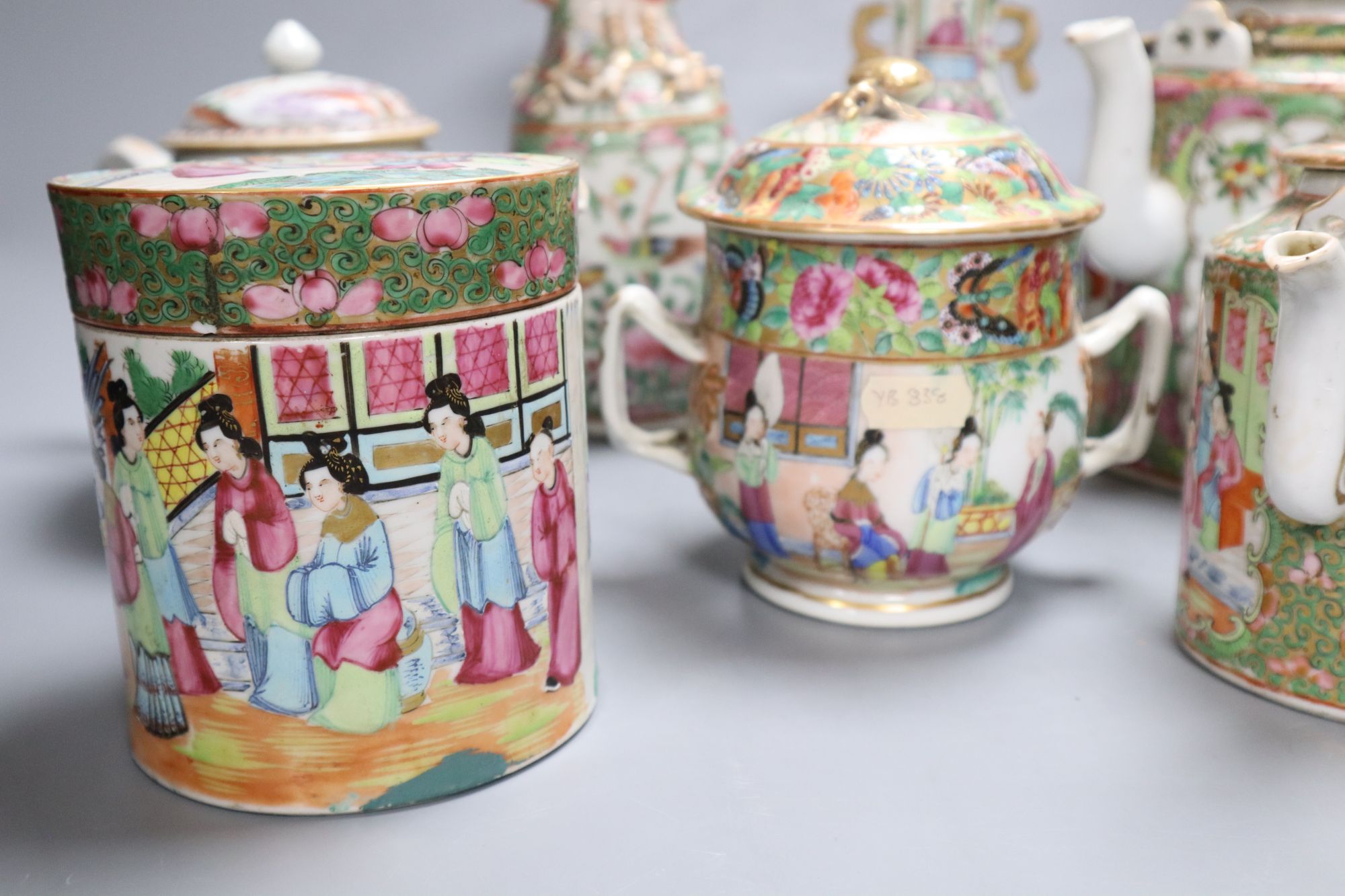 A group of Chinese famille rose tea wares and vases, 18th/19th century, tallest 20cm, (8), damage